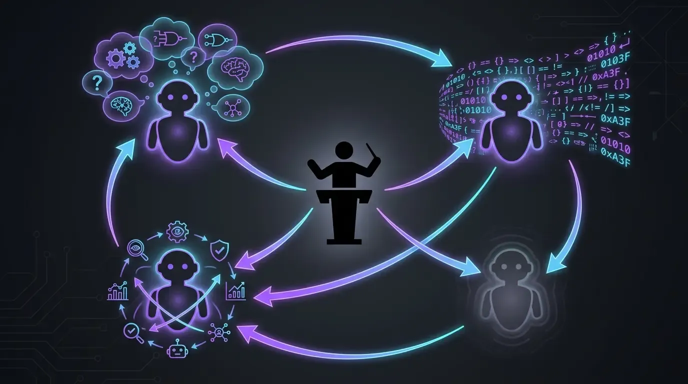 概念图:一个人类编排者被四个职责不同的 IA 代理包围,并通过协调箭头连接